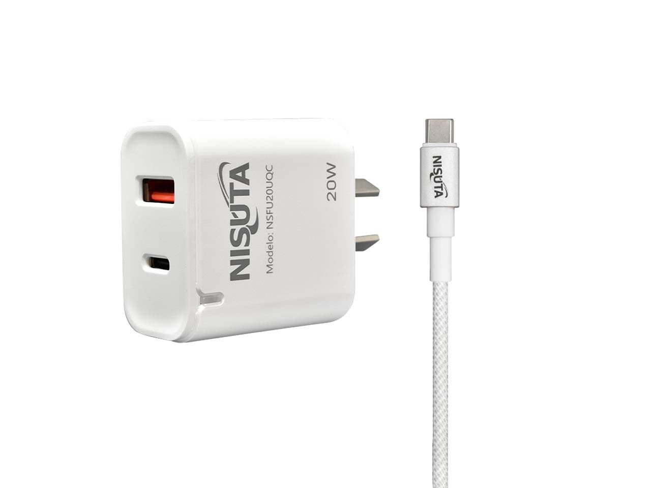 Fuente de alimentación de 1 puerto USB y 1 PD port 20W con cable usb C · Nisuta