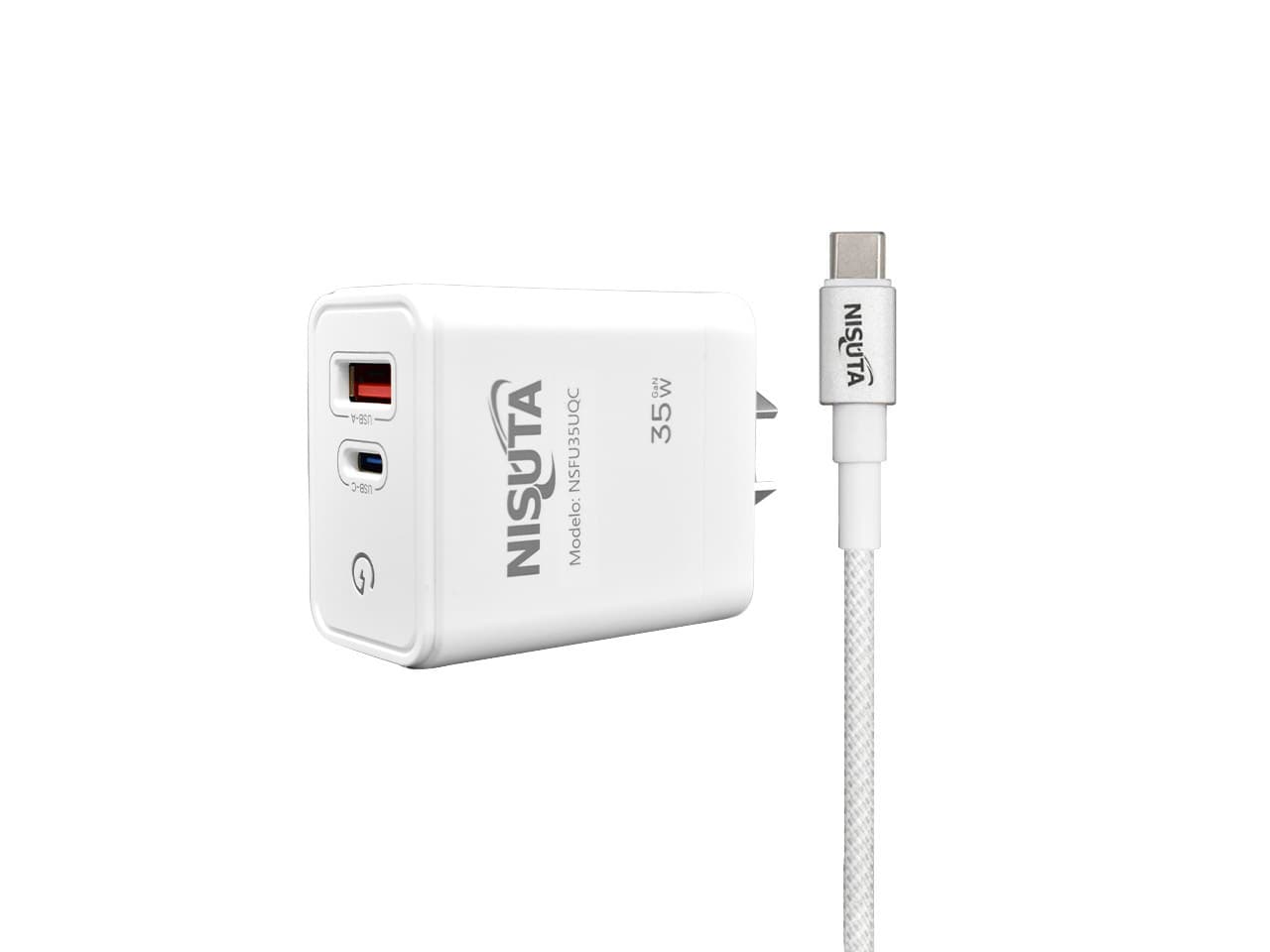 Fuente de alimentación de 1 puerto USB y 1 PD port 35W con cable USB C · Nisuta