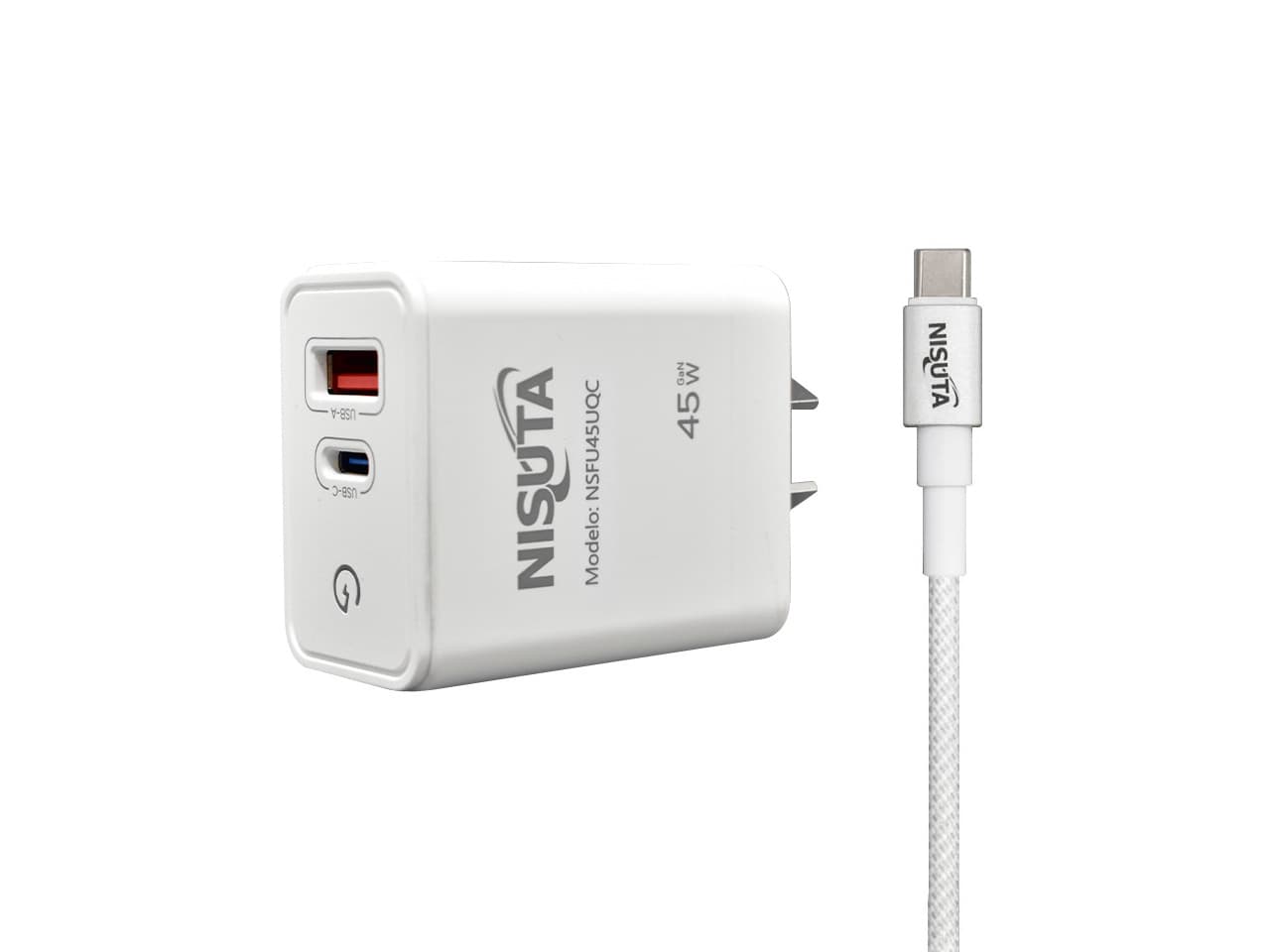 Fuente de alimentación de 1 puerto USB y 1 PD port 45W con cable USB C · Nisuta