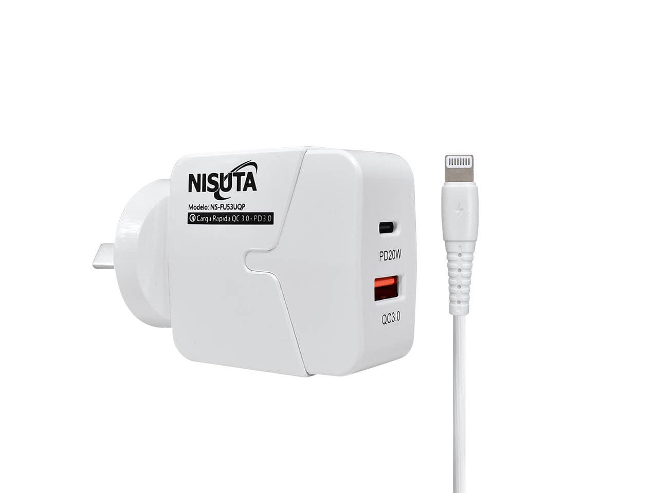Fuente de alimentación 1 puerto USB y 1 PD Port carga rápida cable Iphone de 1m · Nisuta