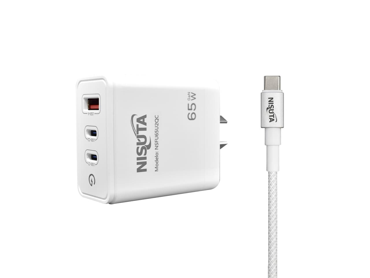 Fuente de alimentación de 1 puerto USB y 2 PD port 65W con cable usb C · Nisuta