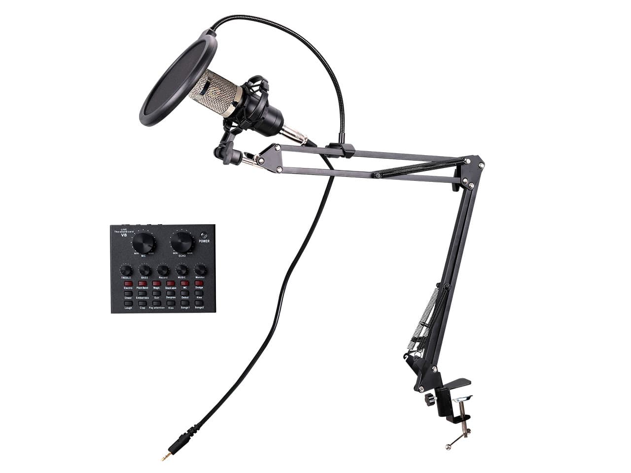 Micrófono con consola de audio, brazo metalico y soporte antivibración · Nisuta