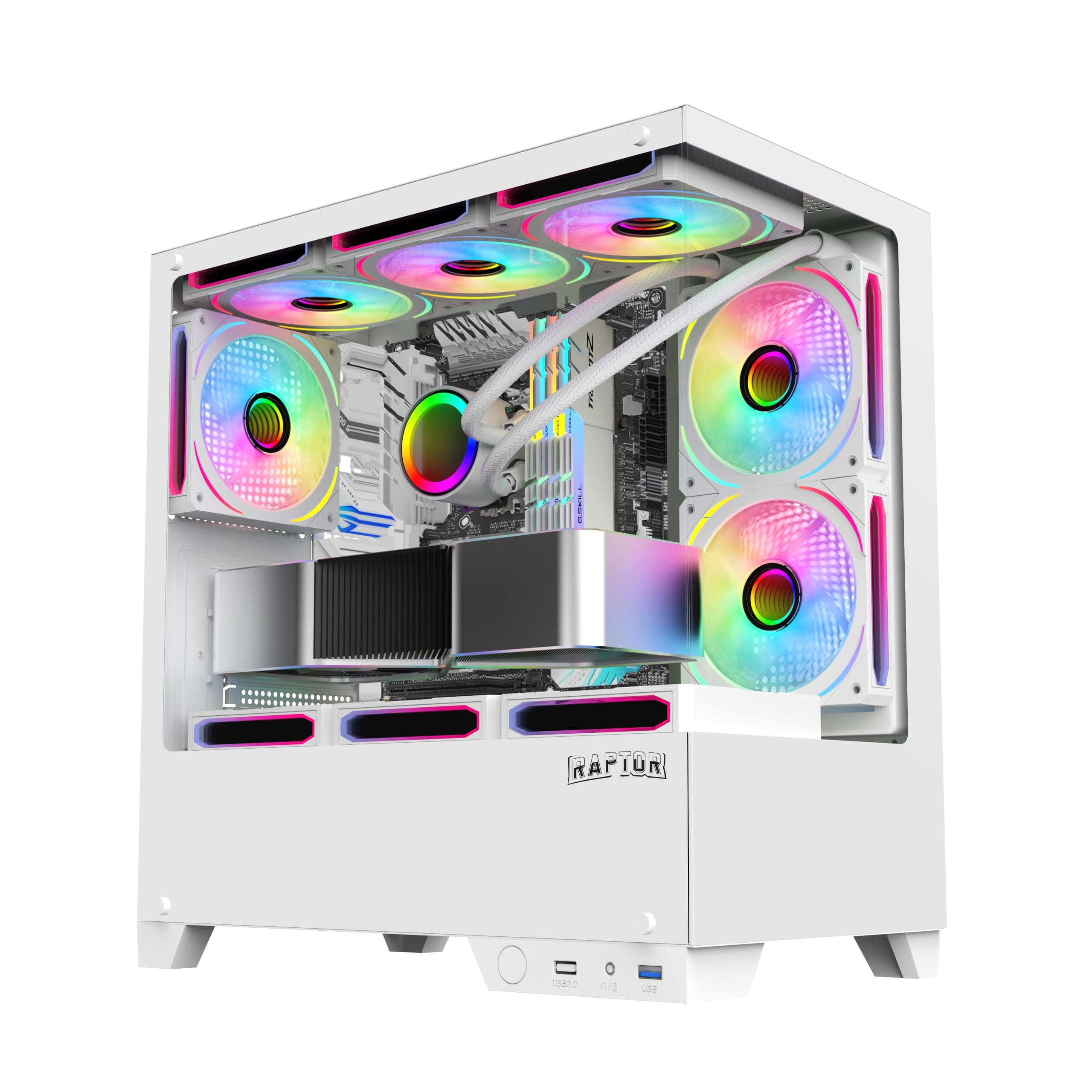 Gabinete Raptor Thunder Strike TG x2 Mid-Tower RGB Fan x1 White · RAPTOR