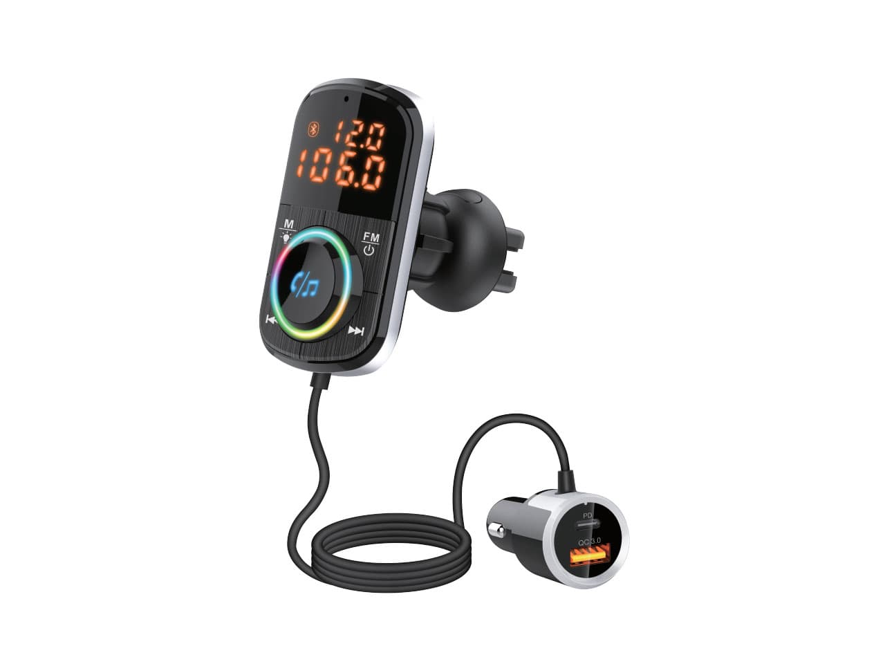 Transmisor FM bluetooth con 2 USB carga rapida QC3.0 y USB C (PD), con luces - Imagen 1