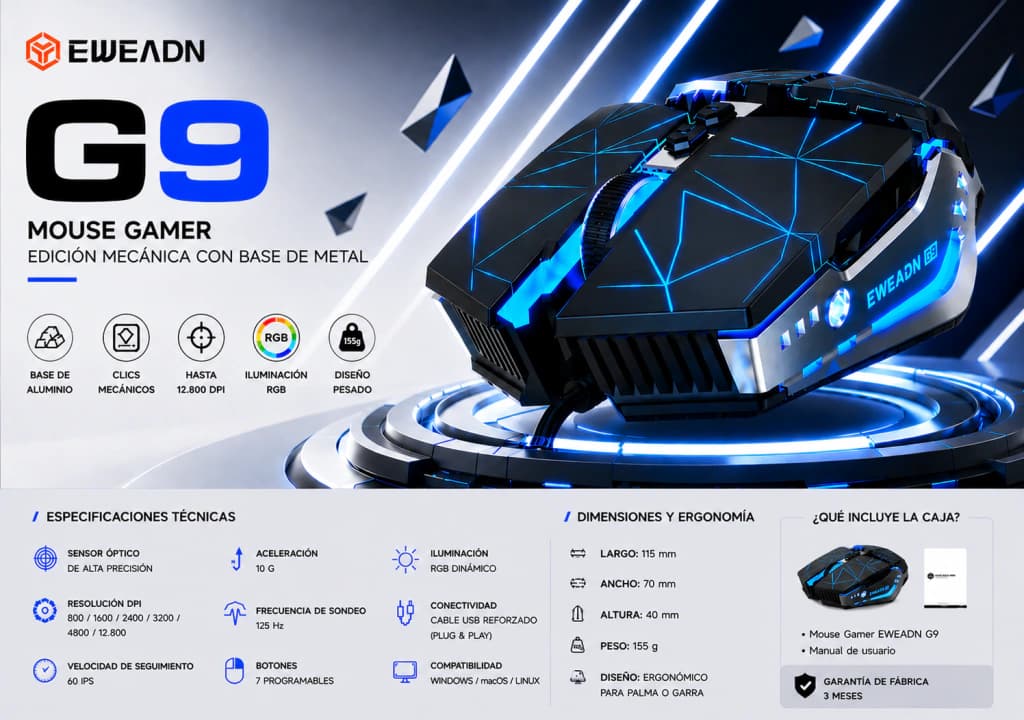 Mouse Gamer EWEADN G9 | Base de Metal, Clics Mecánicos y 12.800 DPI · Eweadn
