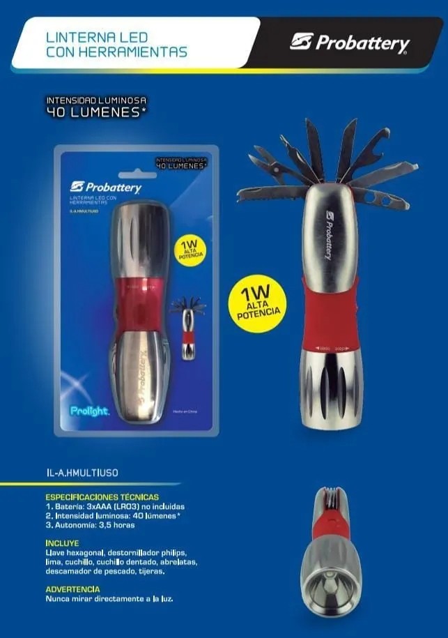 Linterna Led Herramienta Incluye Llave Hexagonal, Lima, Cuchillo, Abre Lata... - No Incluye 3 Aaa (I