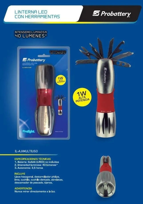 Linterna Led Herramienta Incluye Llave Hexagonal, Lima, Cuchillo, Abre Lata... - No Incluye 3 Aaa (I