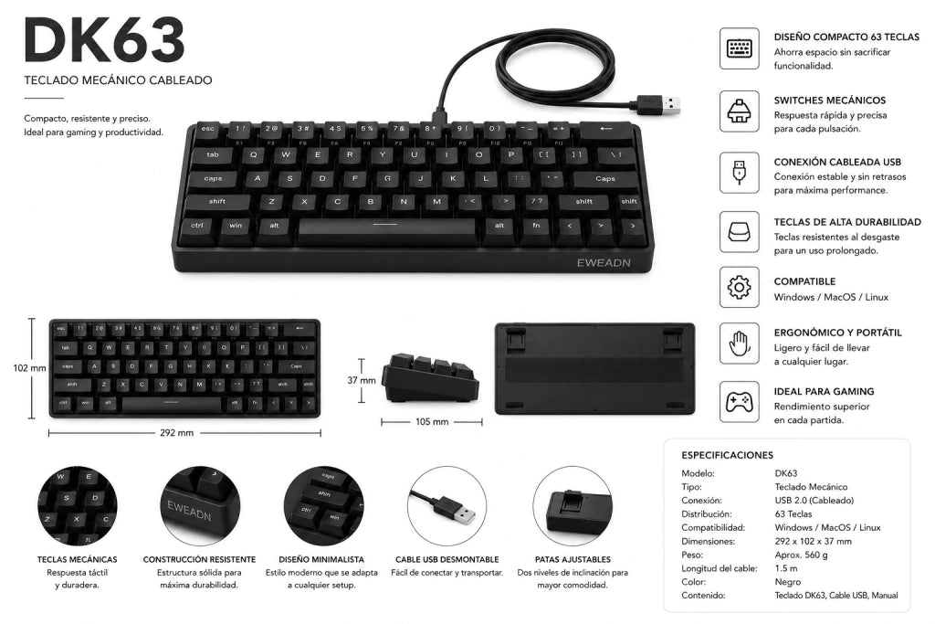 Teclado Compacto Gaming Eweadn Dk63%