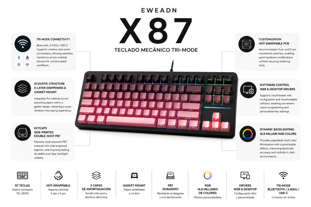 Teclado Mecánico EWEADN X87 | TKL, RGB y Keycaps Side-Print con Degradado