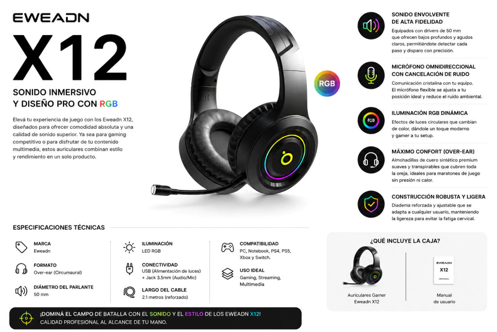 Auriculares Gamer EWEAND X12 con Iluminación RGB