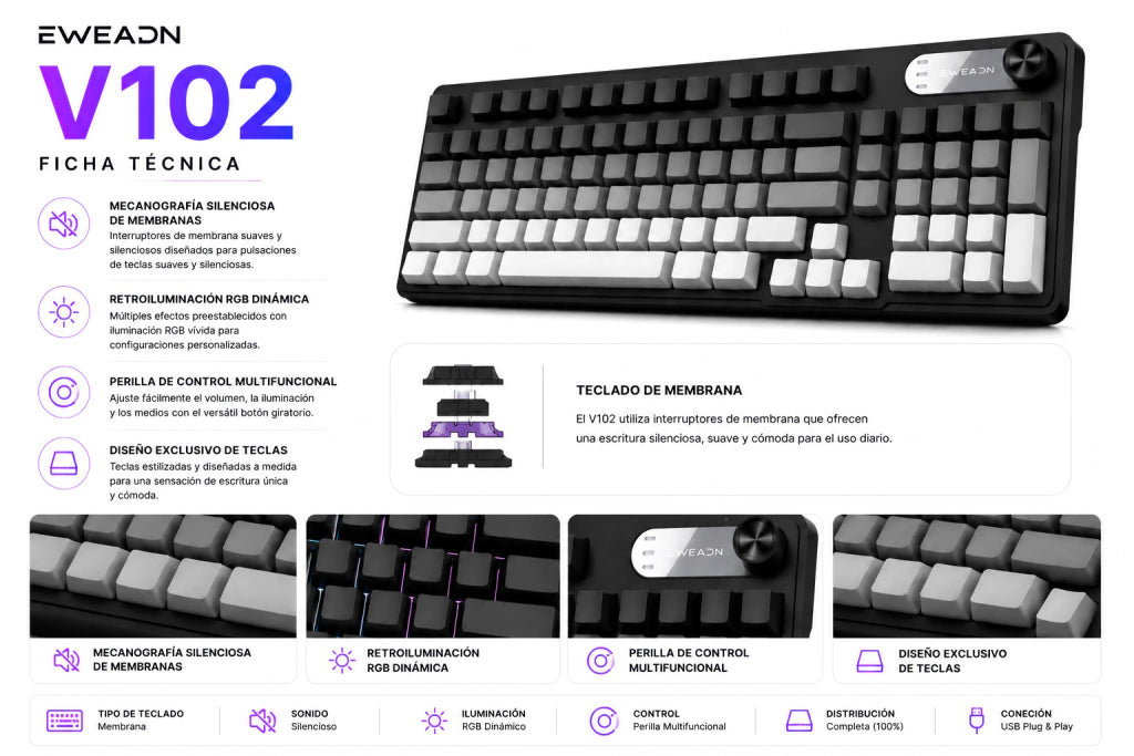 EWEADN V102: Teclado de Membrana Silencioso con Perilla Multimedia y RGB - imagen 3