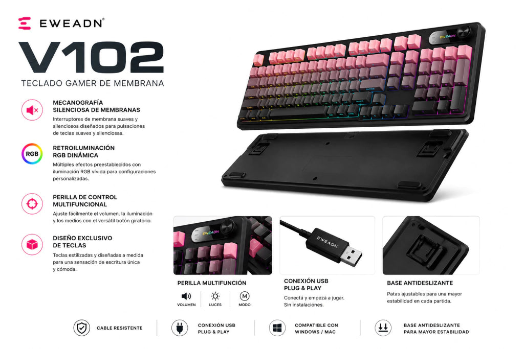 EWEADN V102: Teclado de Membrana Silencioso con Perilla Multimedia y RGB