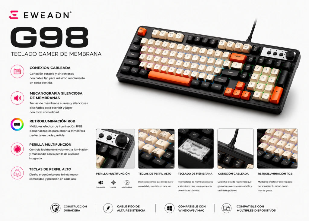 Teclado EWEADN G98 | Diseño de 98 Teclas, Perilla Multimedia y RGB Rainbow - imagen 4