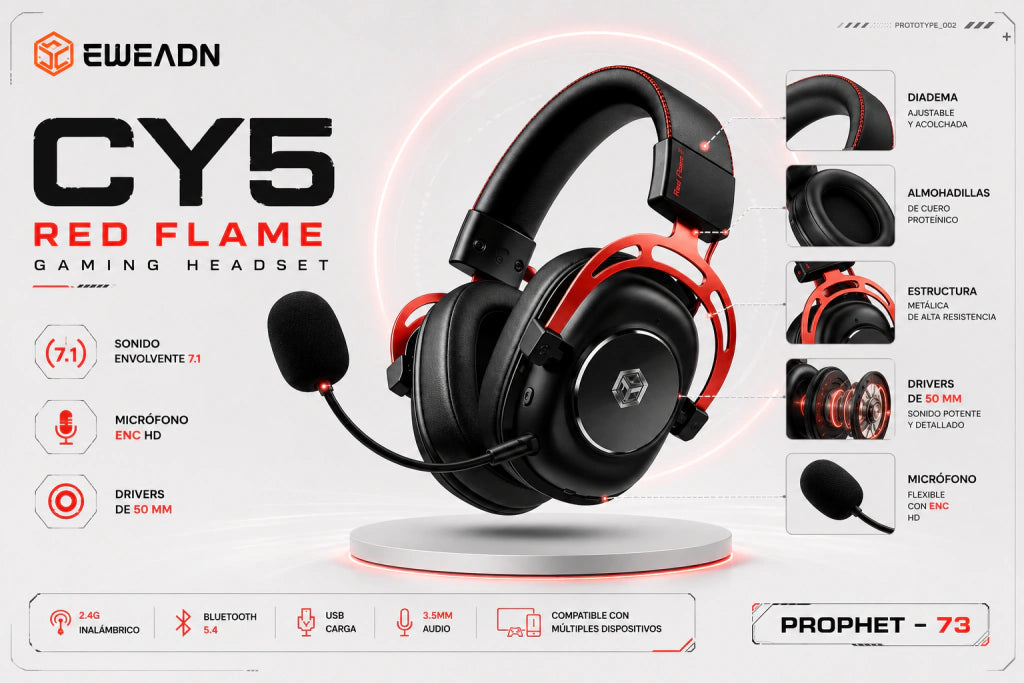 Auriculares Gamer EWEADN CY5 Red Flame | Inalámbricos de 5 Modos, 60h Batería y Drivers 50mm