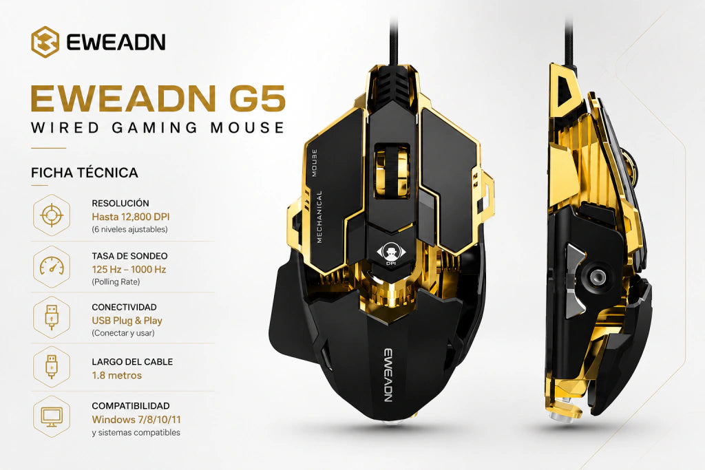 Mouse Gamer EWEADN G5 | 9 Botones Programables, Botón de Disparo y 12.800 DPI
