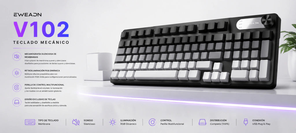 EWEADN V102: Teclado de Membrana Silencioso con Perilla Multimedia y RGB - imagen 2