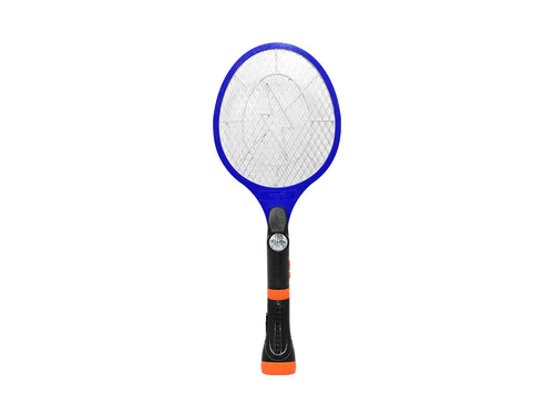 Raqueta mata mosquitos mediante descarga electrica, con linterna