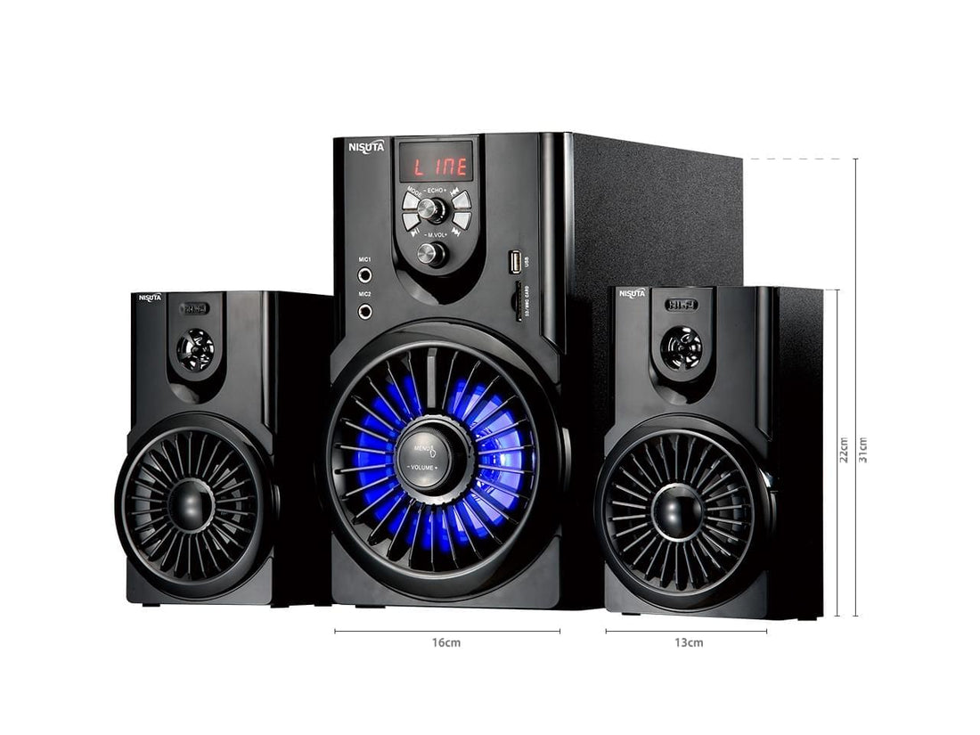 Parlante multimedia 2.1 con FM, Bluetooth, MP3 y luces