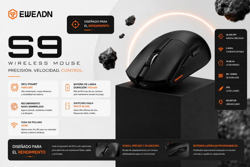 Mouse Gamer EWEADN S9 | PixArt 3395/3950, Polling Rate 8K y 100M Clics