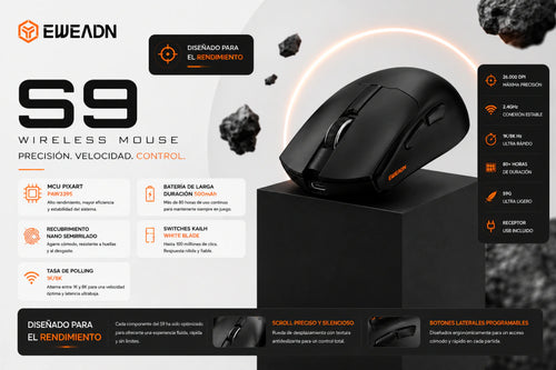 Mouse Gamer EWEADN S9 | PixArt 3395/3950, Polling Rate 8K y 100M Clics