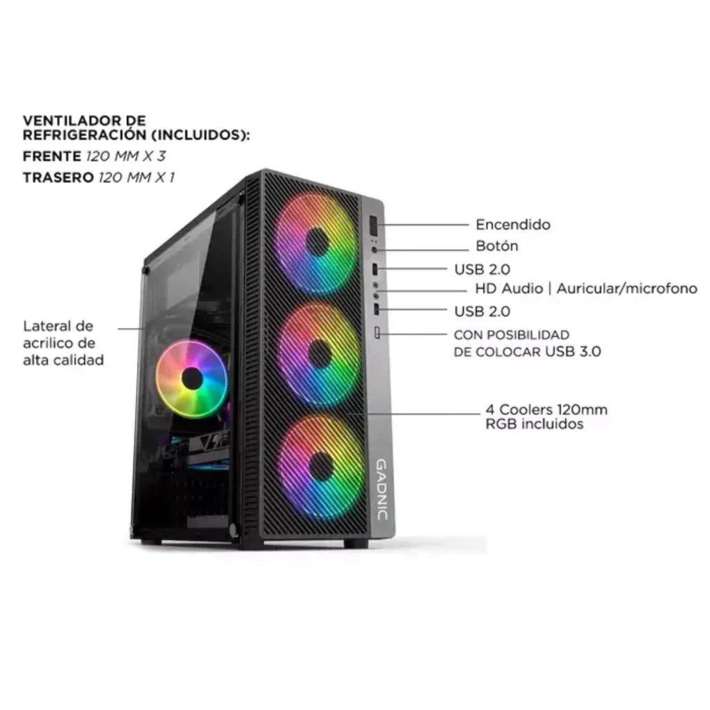 Gabinete Gamer Pc Atx Genesis 4 Coolers Rgb Acrilico Usb (Nuevo)