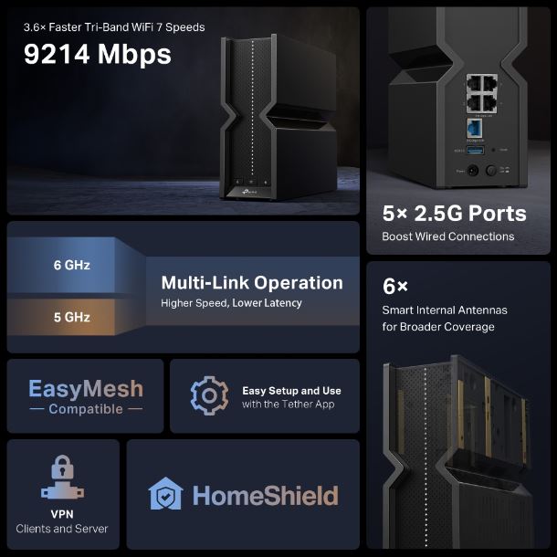 ROUTER WIFI TP-LINK ARCHER BE550 WIFI7 BE9300 TRIBANDA MULTIGIGABIT