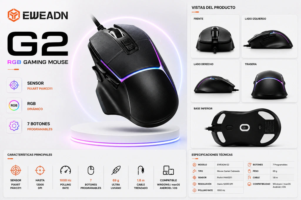 Mouse Gamer EWEADN G2 | Sensor PAW3311, 12.000 DPI y Ultra Ligero 69g