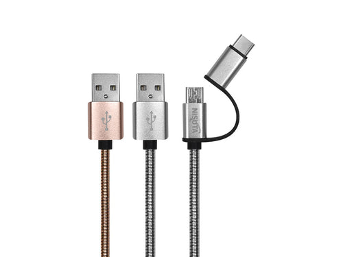 Cable USB 2 en 1 micro y USB C de 1m de 2.1A con malla de metal