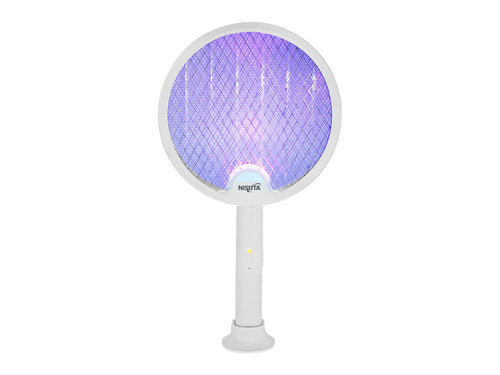 Raqueta matamosquitos rotatoria con base y luz trampa UV de 3 luces